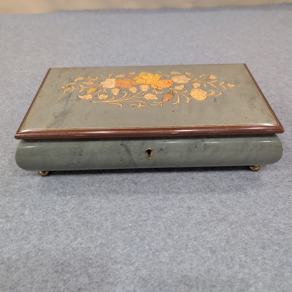 Vintage Reuge Music Box Floral Wood Inlay Green Marbled Swiss Mvmnt Jewelry Box